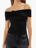 Black Off Shoulder Glitter Top front view