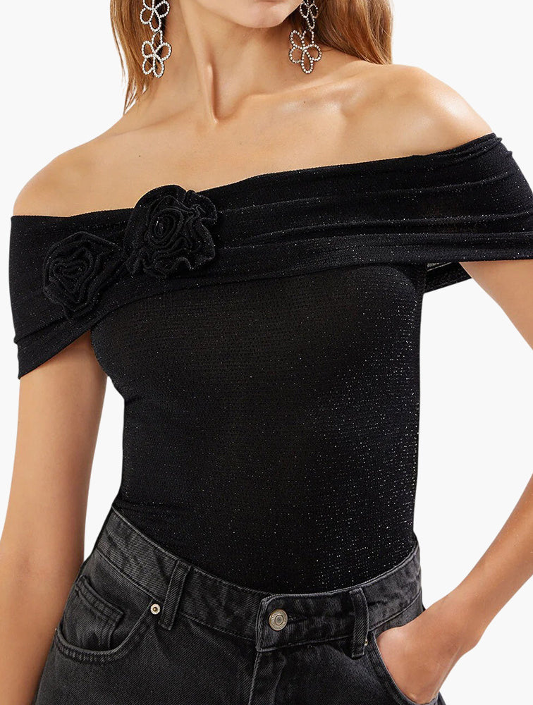 Black Off Shoulder Glitter Top back view