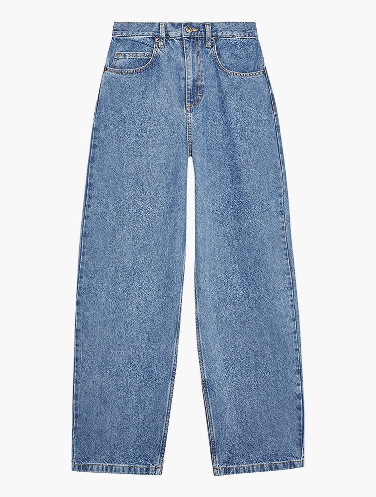 Blue High Rise Wide Leg Jeans styled