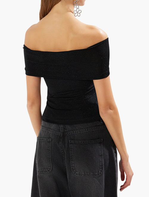 Black Off Shoulder Glitter Top side view