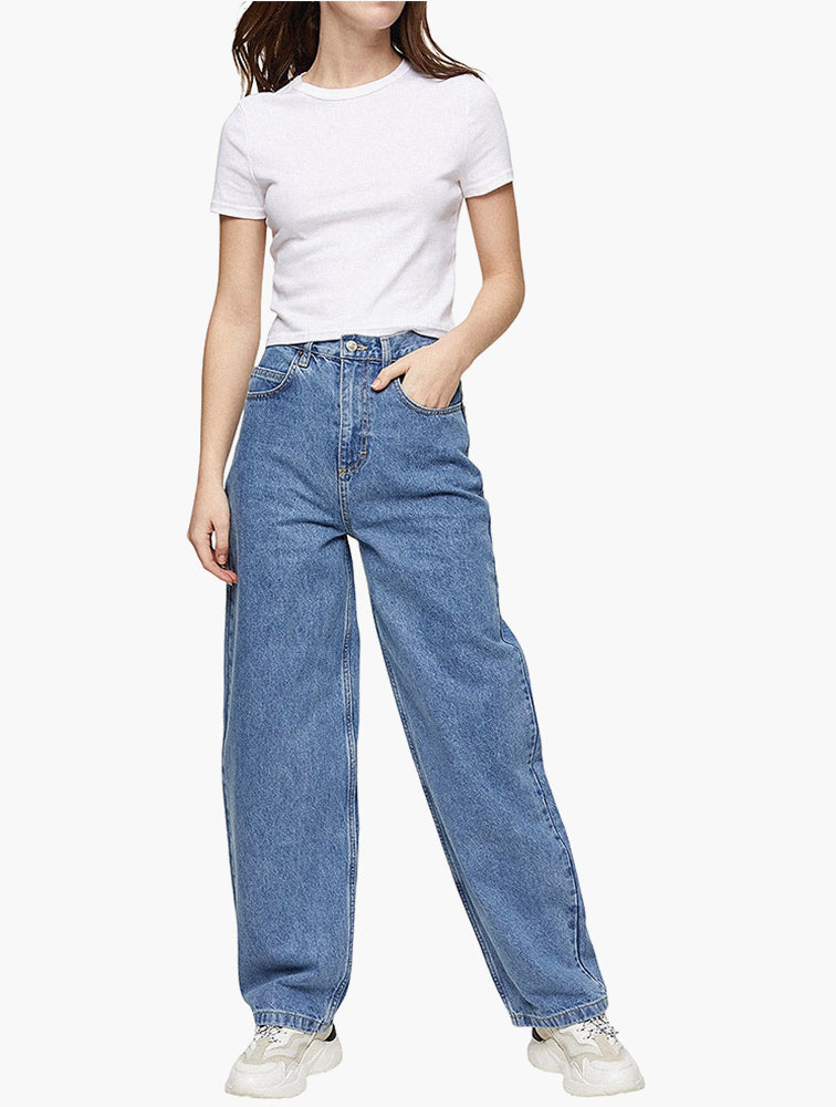 Blue High Rise Wide Leg Jeans detail