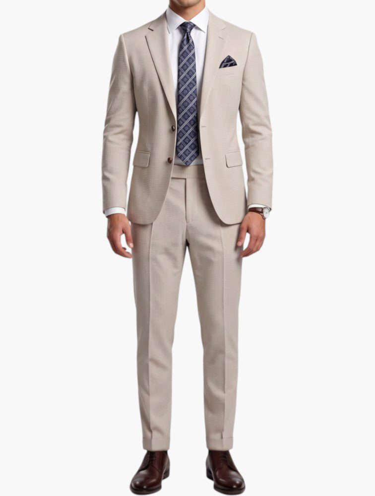 ASOS DESIGN Tapered Suit Trousers in Beige Waffle - Front View