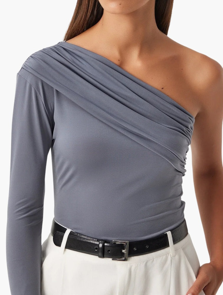 Daily Finery Grey Ruched One Shoulder Long Sleeve Top - front