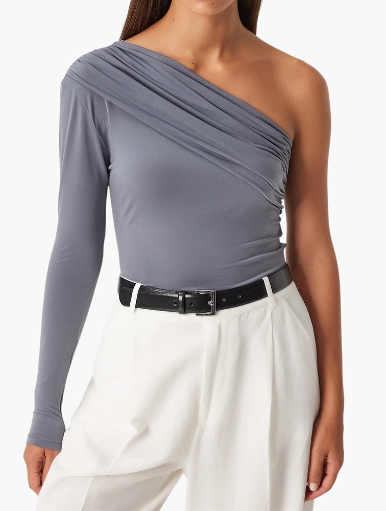 Daily Finery Grey Ruched One Shoulder Long Sleeve Top - detail