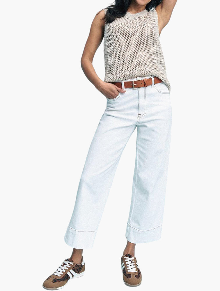 White Wide Leg Cropped Jeans detail