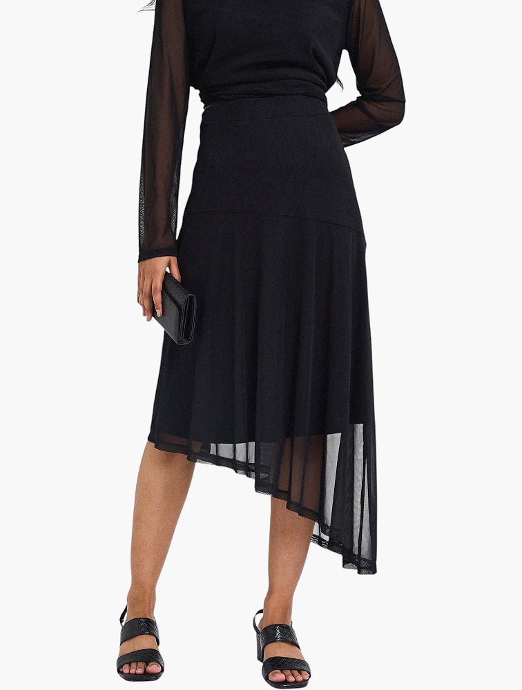 Miladys Black Asymmetric Mesh Midi Skirt - front