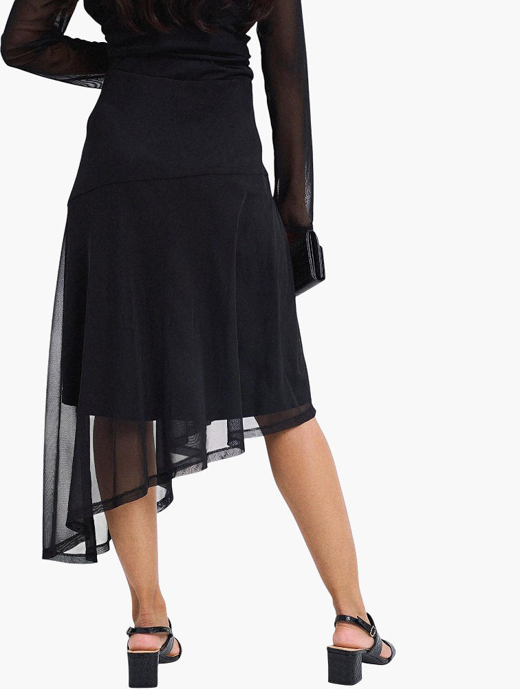 Miladys Black Asymmetric Mesh Midi Skirt - side