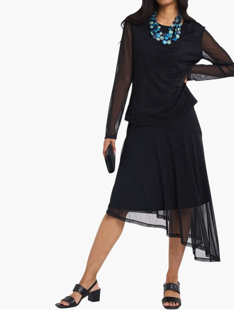 Miladys Black Asymmetric Mesh Midi Skirt - detail