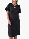 Miladys Black Gold Flower Neckline Flutter Sleeve Midi Dress - front