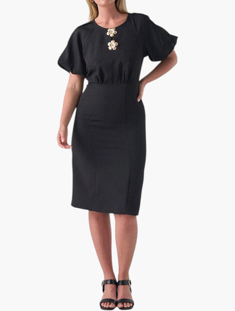 Miladys Black Gold Flower Neckline Flutter Sleeve Midi Dress - side