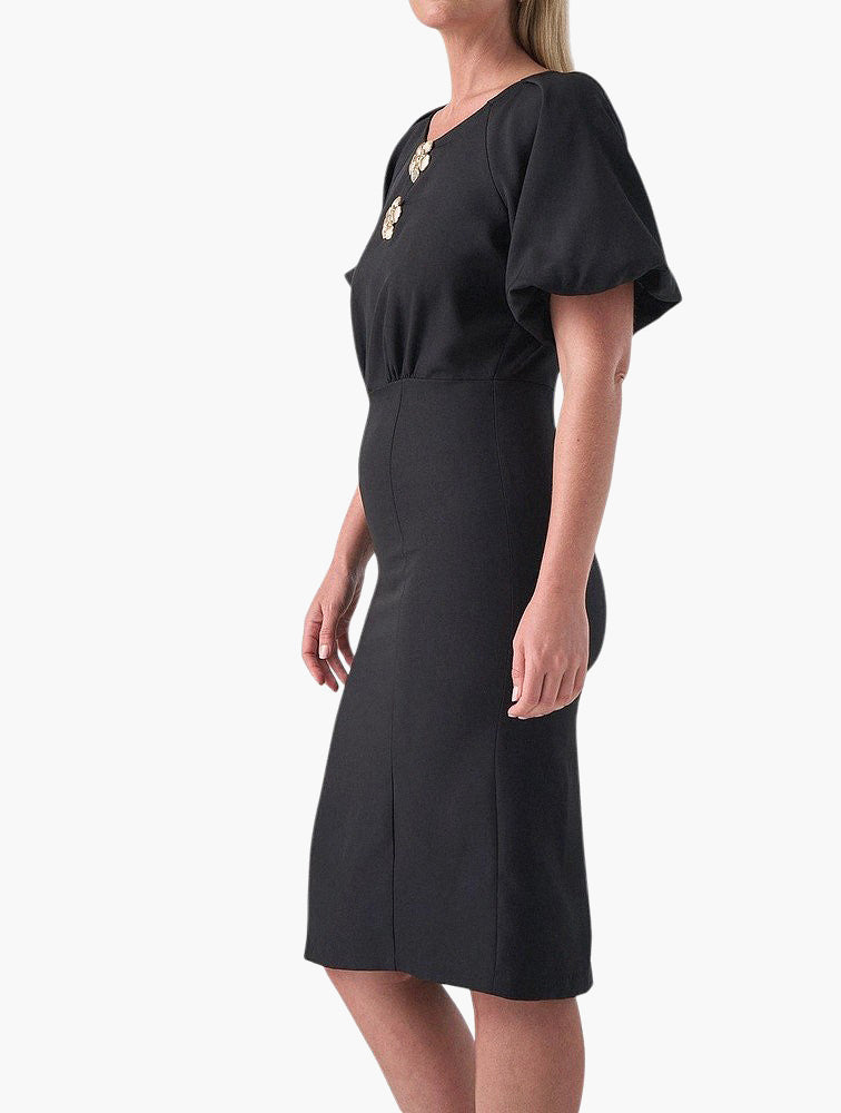 Miladys Black Gold Flower Neckline Flutter Sleeve Midi Dress - back
