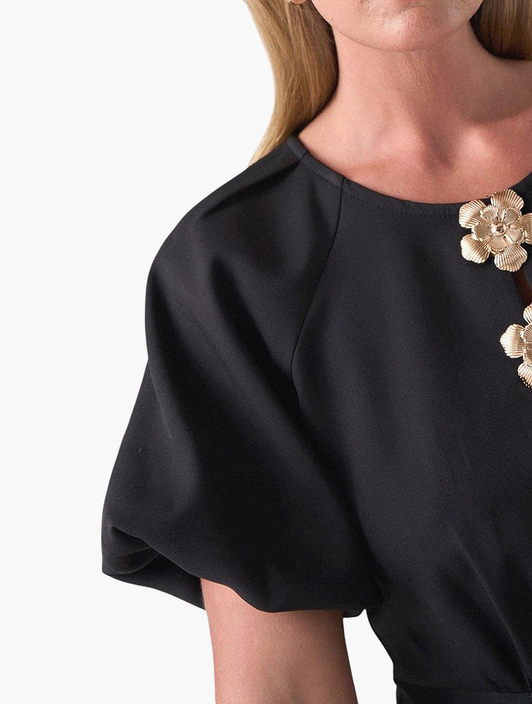 Miladys Black Gold Flower Neckline Flutter Sleeve Midi Dress - detail