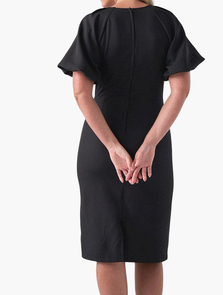 Miladys Black Gold Flower Neckline Flutter Sleeve Midi Dress - styled