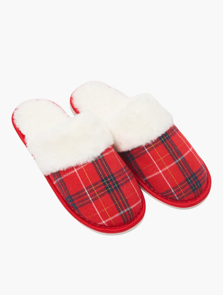 Sinsay Red Plaid Faux Fur Slippers - Front