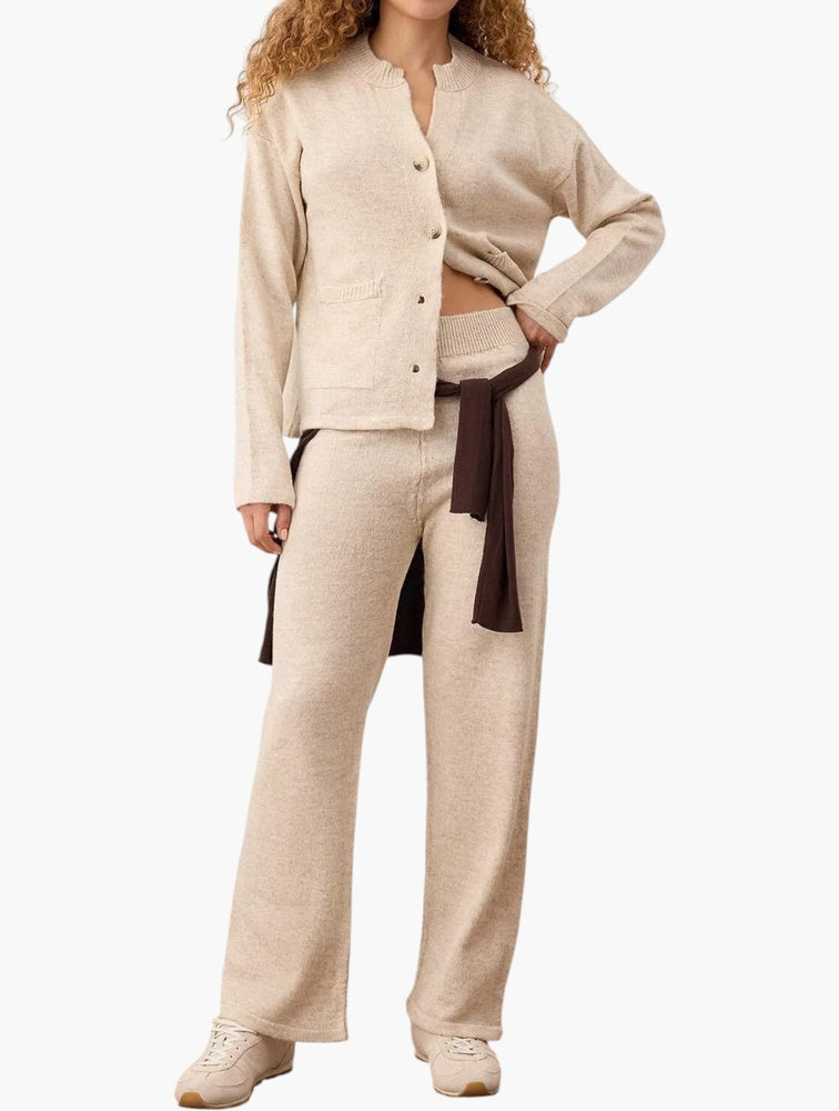 Trendyol Neutral Knit Cardigan & Trouser Set - Front
