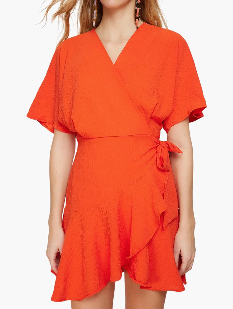 Orange Ruffle Wrap Dress front