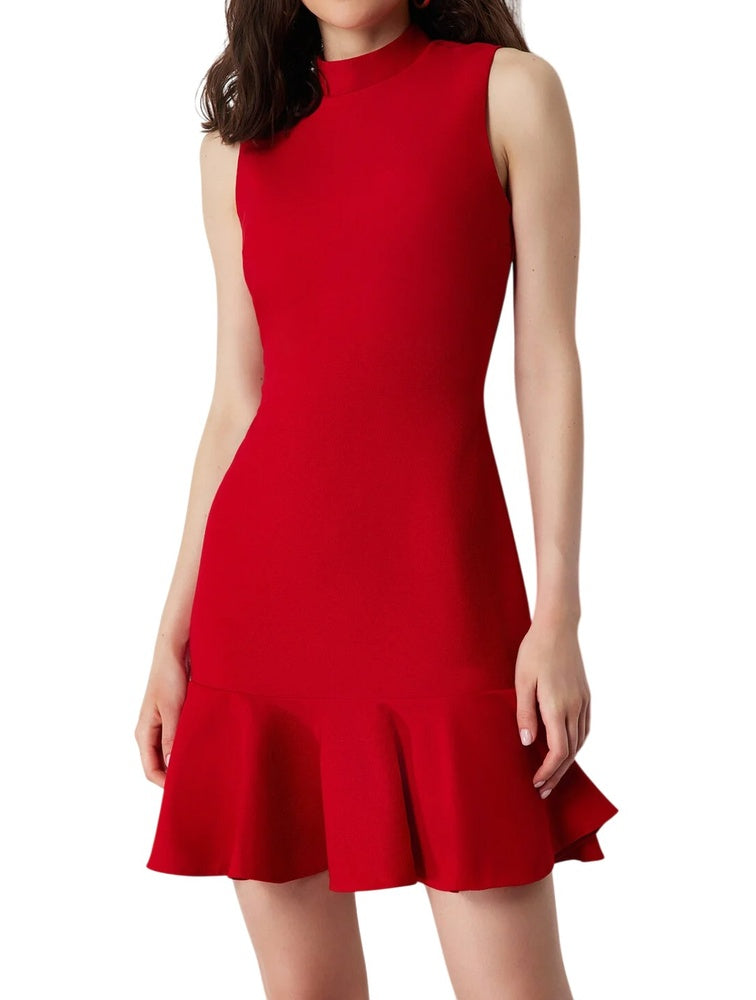 Red Mock Neck Ruffled Dress back