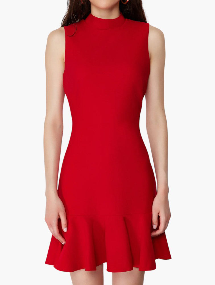 Red Mock Neck Ruffled Dress styled