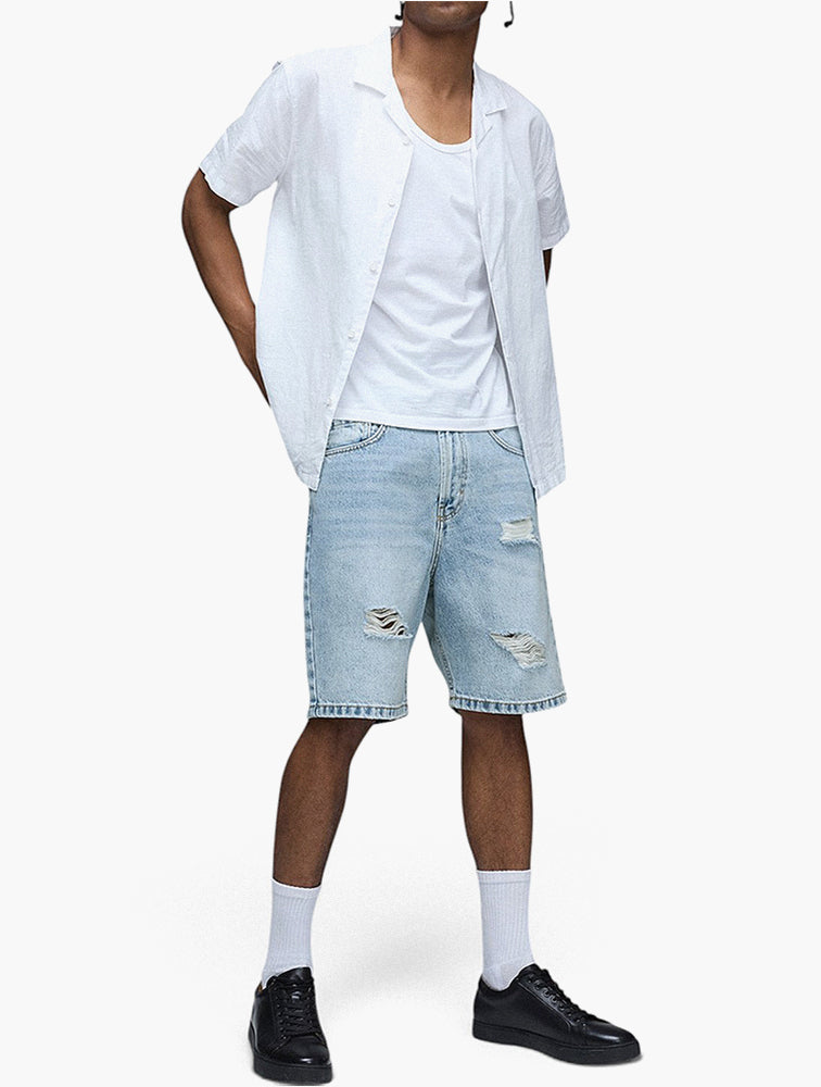 Woolworths Blue Distressed Straight Leg Denim Shorts - Front View