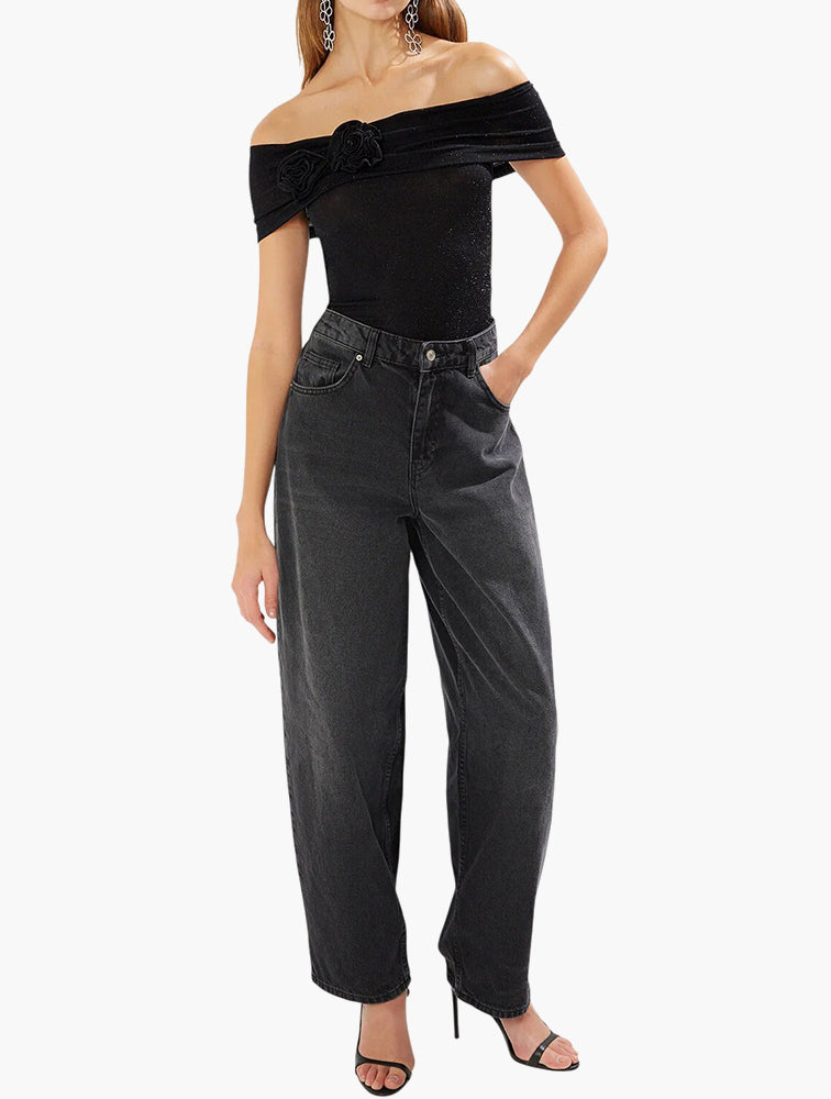 Black Off Shoulder Glitter Top detail