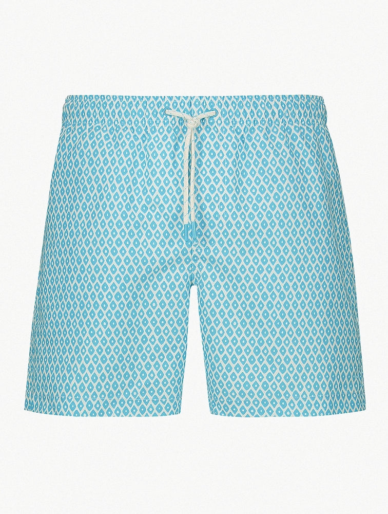 Navy Geometric Swim Trunks styled